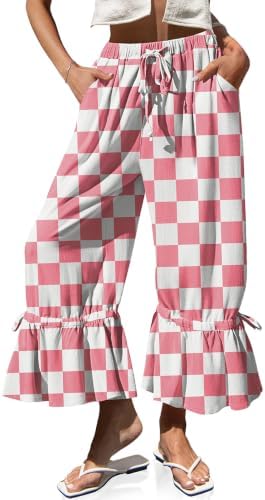 Women's Linen Checkered Wide Leg Casual Pants Board Pink White