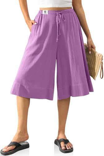 Linen Culottes for Women Pockets Grape Purple, XL