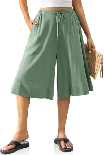 Linen Culottes for Women Pockets Light Army Green, XL
