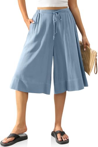 Linen Culottes for Women Pockets Light Gray Blue