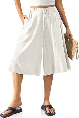 Linen Culottes for Women Pockets Milky White, XXL