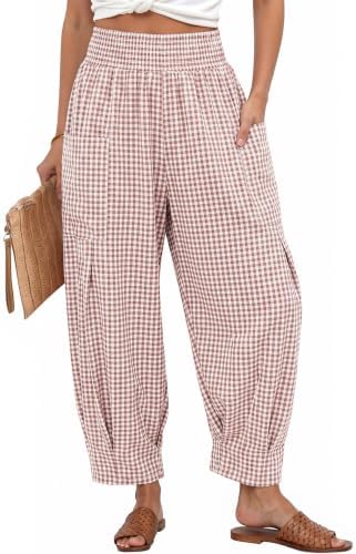 Women's Linen Gingham Pants Baggy High Waist Palazzo Pants
