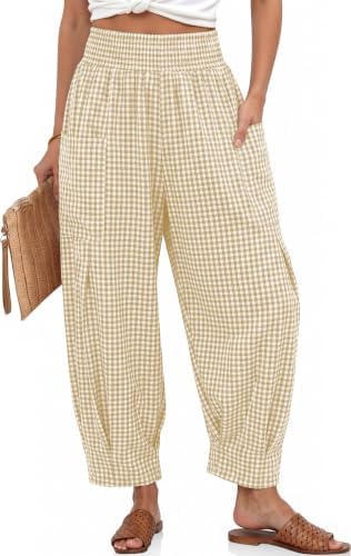 Women's Linen Gingham Pants Baggy High Waist Palazzo Pants