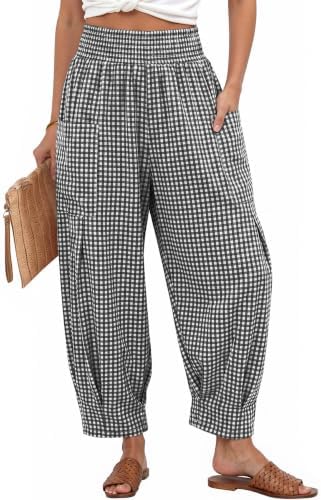 Women's Linen Gingham Pants Baggy High Waist Palazzo Pants