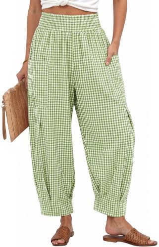 Women's Linen Gingham Pants Baggy High Waist Palazzo Pants