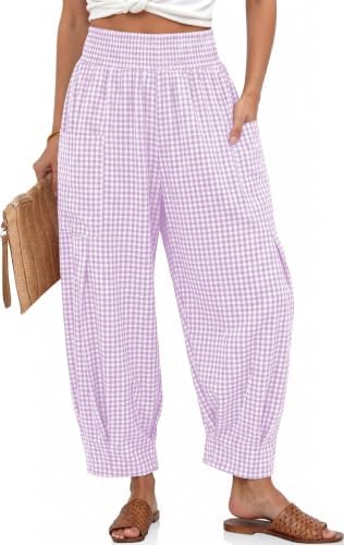 Women's Linen Gingham Pants Baggy High Waist Palazzo Pants