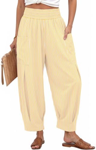 Women's Linen Gingham Pants Baggy High Waist Palazzo Pants