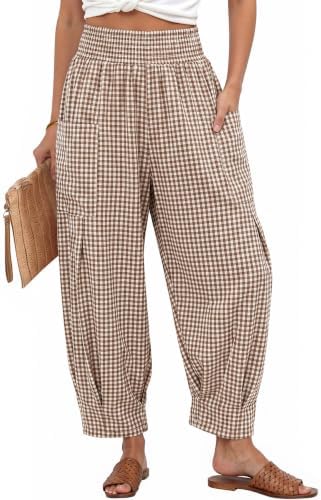 Women's Linen Gingham Pants Baggy High Waist Palazzo Pants