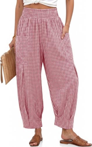 Women's Linen Gingham Pants Baggy High Waist Palazzo Pants Red Plaid
