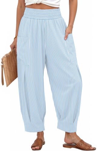 Women's Linen Gingham Pants Baggy High Waist Palazzo Pants