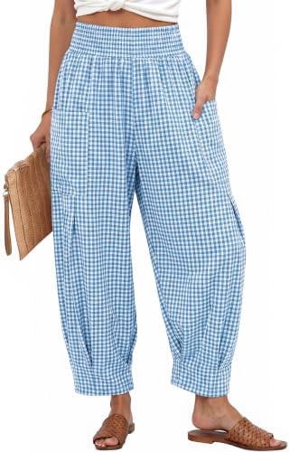 Women's Linen Gingham Pants Baggy High Waist Palazzo Pants