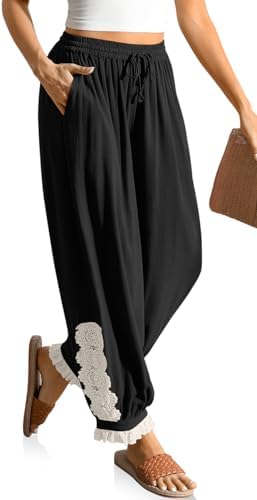 Women's Linen Harem Pants Boho Lace Trim Pants with Pockets Black