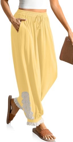 Women's Linen Harem Pants Boho Lace Trim Pants with Pockets