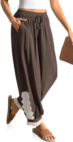 Women's Linen Harem Pants Boho Lace Trim Pants with Pockets