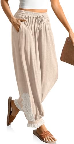 Women's Linen Harem Pants Boho Lace Trim Pants with Pockets