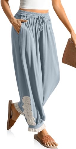 Women's Linen Harem Pants Boho Lace Trim Pants with Pockets