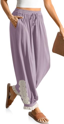 Women's Linen Harem Pants Boho Lace Trim Pants with Pockets