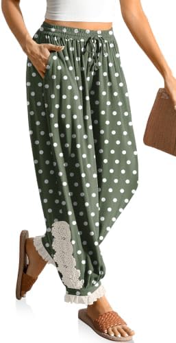 Women's Linen Harem Pants Boho Lace Trim Pants with Pockets