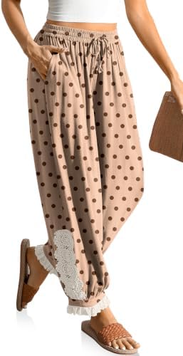 Women's Linen Harem Pants Boho Lace Trim Pants with Pockets