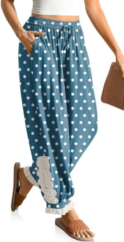 Women's Linen Harem Pants Boho Lace Trim Pants with Pockets