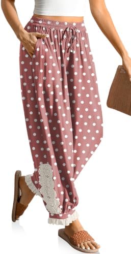 Women's Linen Harem Pants Boho Lace Trim Pants with Pockets
