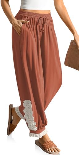 Women's Linen Harem Pants Boho Lace Trim Pants with Pockets Rust