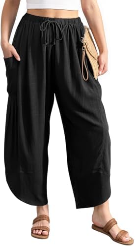Women's Linen Harem Pants Casual Loose Drawstring Elastic Waist Summer