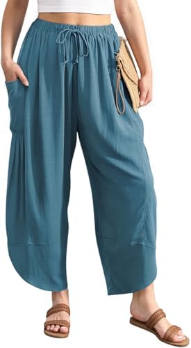 Women's Linen Harem Pants Casual Loose Drawstring Elastic Waist Summer
