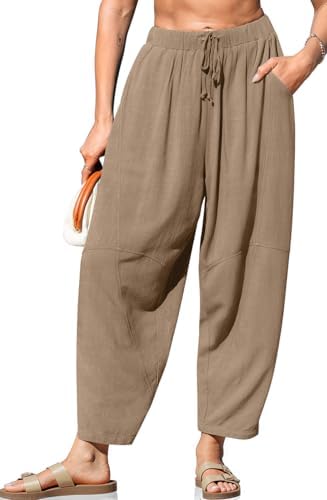 Women's Linen Harem Pants Casual Loose Fit Wide Leg Cropped Lightweight