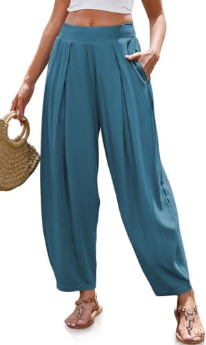 Women's Linen Harem Pants Loose Fit Boho Pants with Pocket Lake Blue