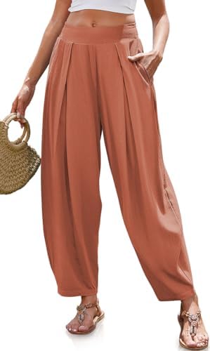 Women's Linen Harem Pants Loose Fit Boho Pants with Pocket Rust