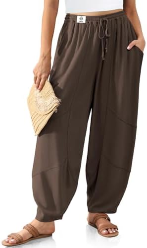 Women's Linen Harem Pants Wide Leg Boho Casual Trousers Loose Fit