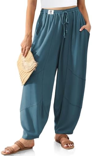 Women's Linen Harem Pants Wide Leg Boho Casual Trousers Loose Fit