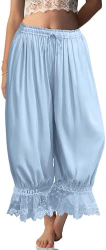 Womens Linen Lace Trim Long Bloomers Pants with Pocket Aqua Blue