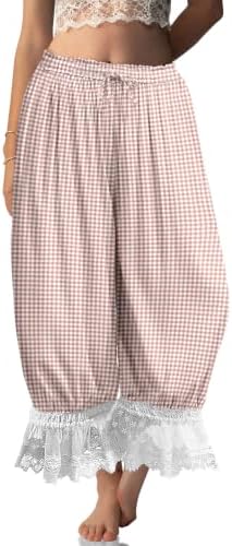 Womens Linen Lace Trim Long Bloomers Pants with Pocket