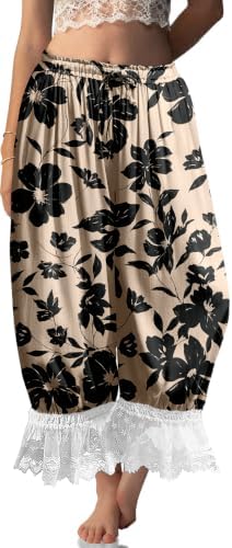 Womens Linen Lace Trim Long Bloomers Pants with Pocket Black Floral