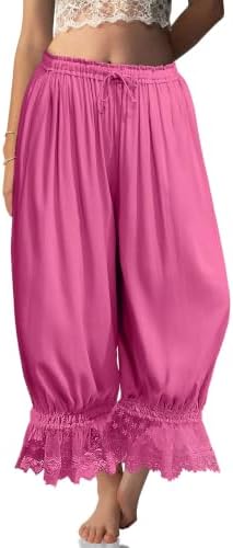 Womens Linen Lace Trim Long Bloomers Pants with Pocket Bright Pink