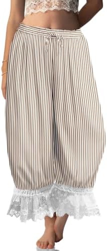 Womens Linen Lace Trim Long Bloomers Pants with Pocket