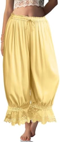 Womens Linen Lace Trim Long Bloomers Pants with Pocket