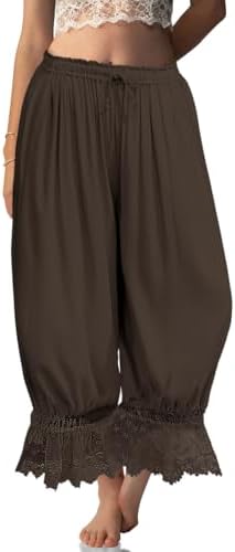 Womens Linen Lace Trim Long Bloomers Pants with Pocket Dark Coffee