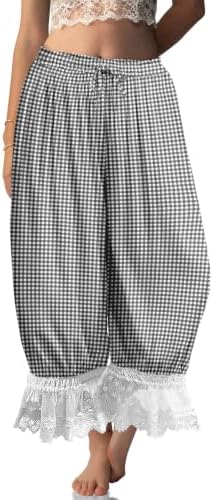 Womens Linen Lace Trim Long Bloomers Pants with Pocket