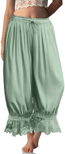 Womens Linen Lace Trim Long Bloomers Pants with Pocket