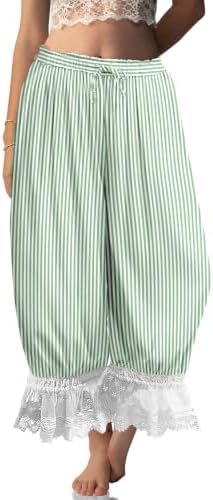 Womens Linen Lace Trim Long Bloomers Pants with Pocket