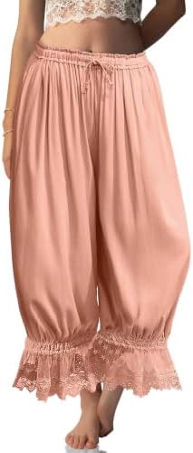 Womens Linen Lace Trim Long Bloomers Pants with Pocket