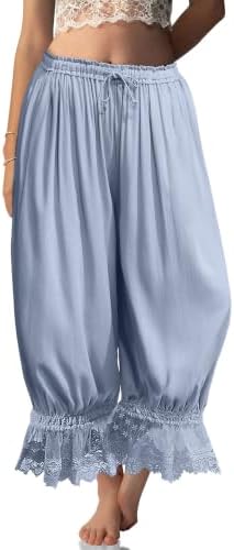 Womens Linen Lace Trim Long Bloomers Pants with Pocket