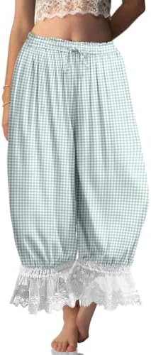 Womens Linen Lace Trim Long Bloomers Pants with Pocket