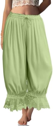 Womens Linen Lace Trim Long Bloomers Pants with Pocket