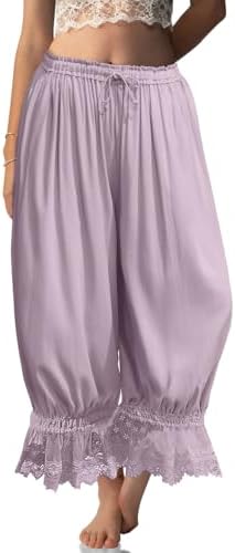 Womens Linen Lace Trim Long Bloomers Pants with Pocket Light Purple