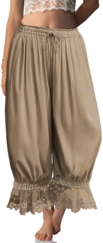 Womens Linen Lace Trim Long Bloomers Pants with Pocket