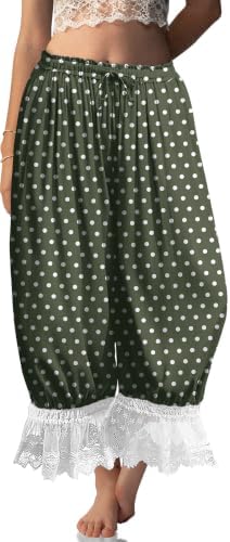 Womens Linen Lace Trim Long Bloomers Pants with Pocket